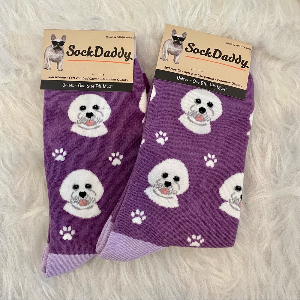 Sock Daddy NWT 2 pair Bichon Frise unisex socks purple and white